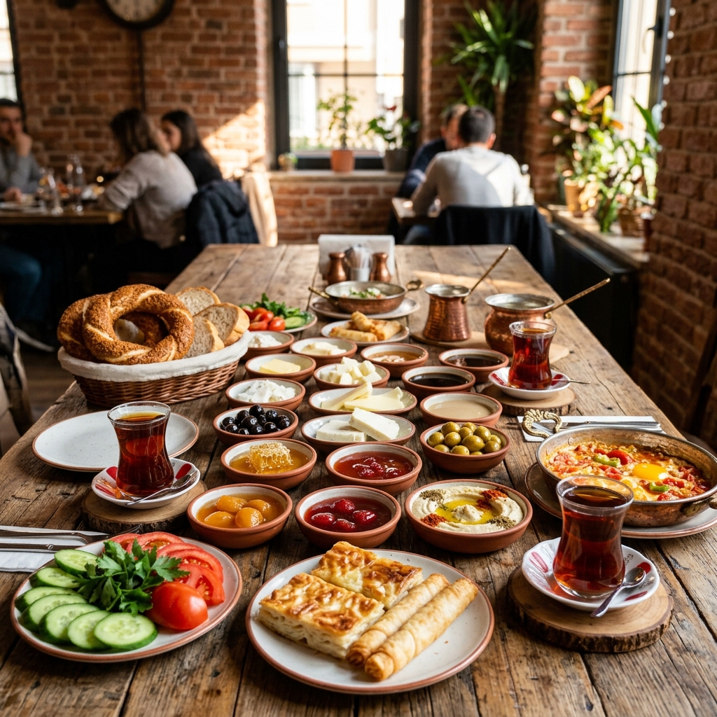 Rich traditional Alnura Serpme Kahvaltı breakfast in Berlin Neukölln